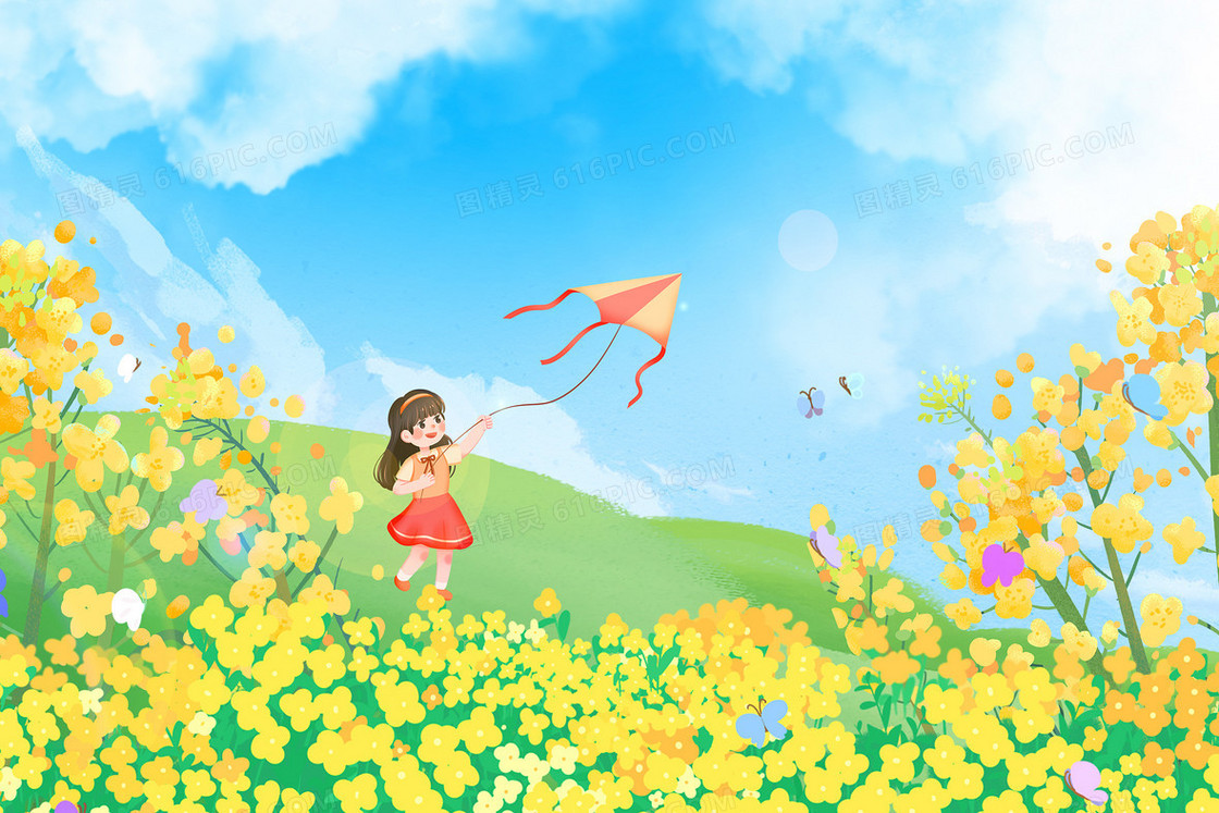 文艺清新油菜花田春天郊游插画
