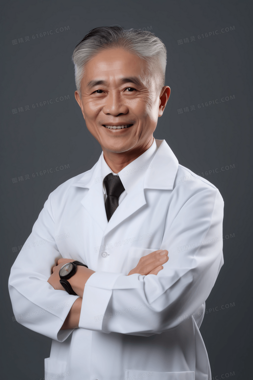 医生穿着白色制服对着镜头微笑的正面照片