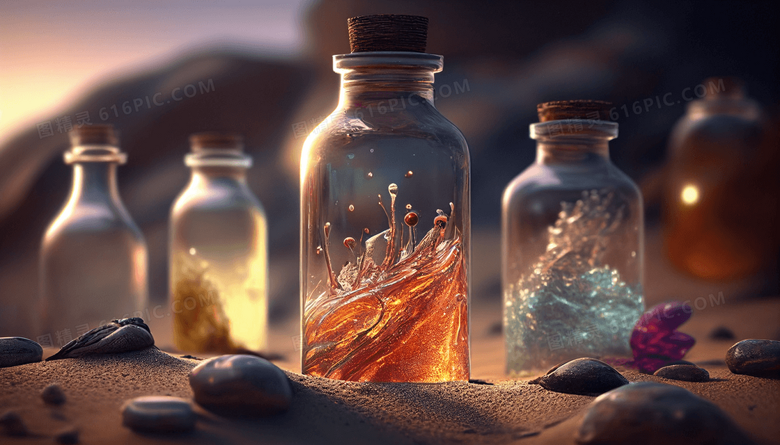 海边沙滩上漂亮的梦幻许愿瓶漂流瓶