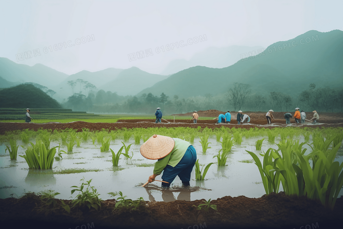 春天农民在户外稻田播种插秧劳作