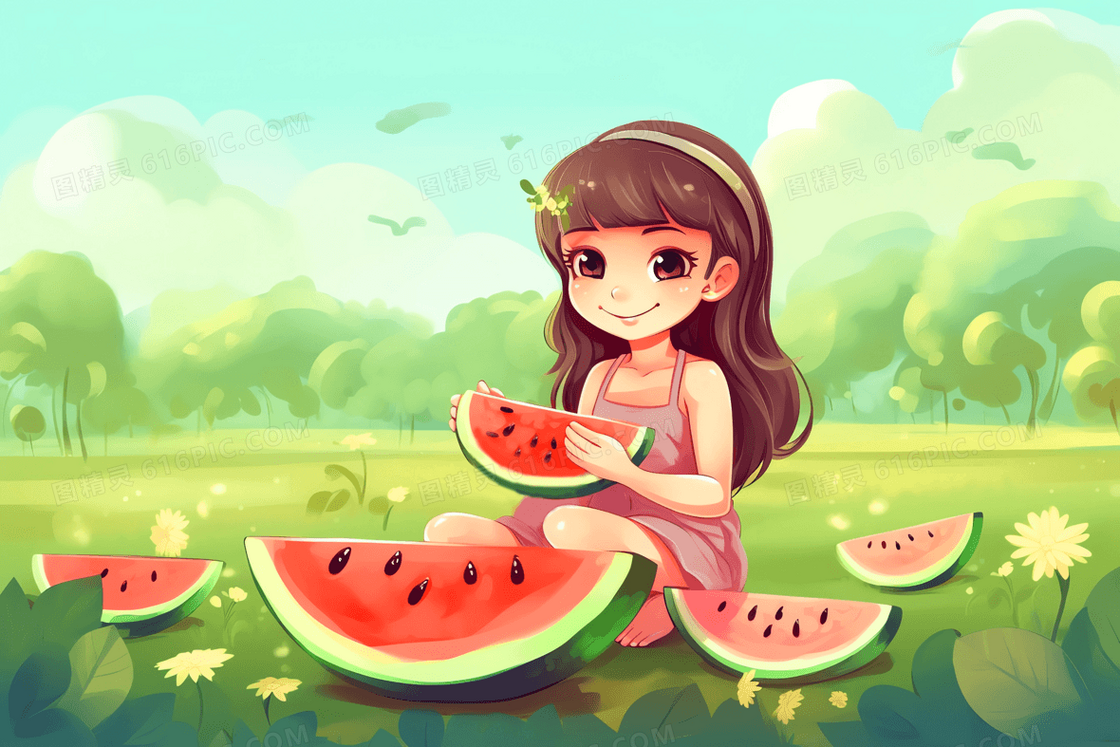 可爱的小女孩蹲在草坪上开心的捧着西瓜