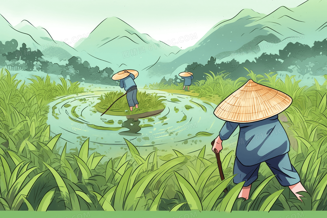 农民在户外稻田插秧劳作