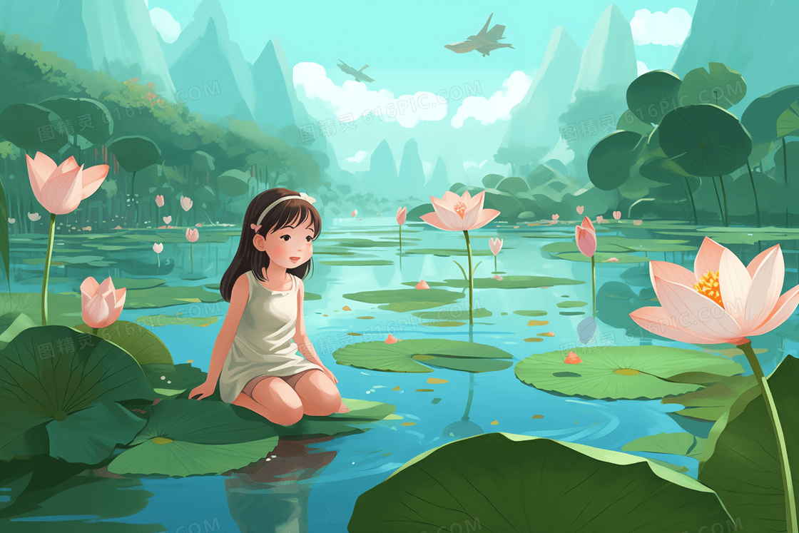 炎热夏天文静的女孩坐在开满荷花的池塘中的莲叶上