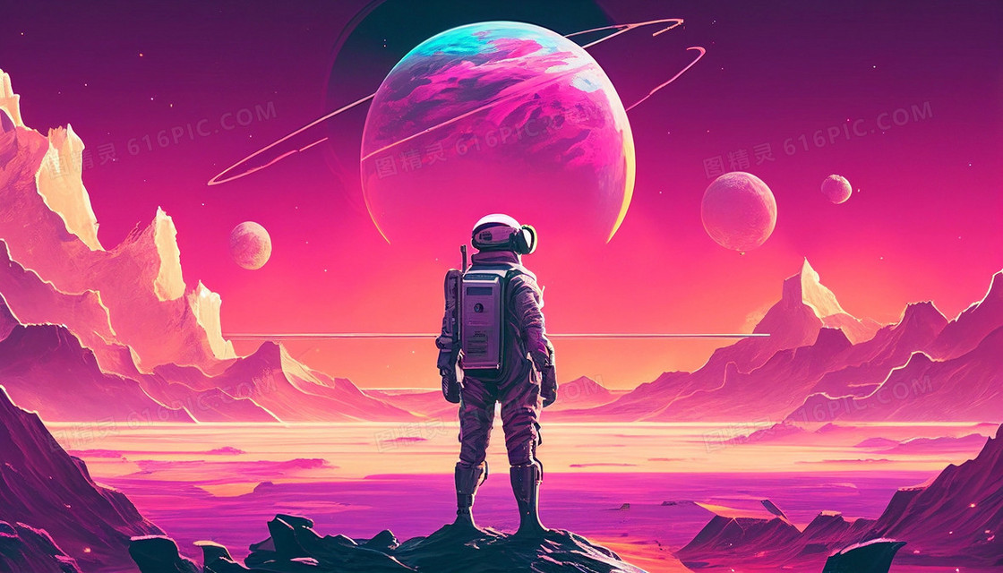 粉色赛博朋克宇航员登陆太空插画