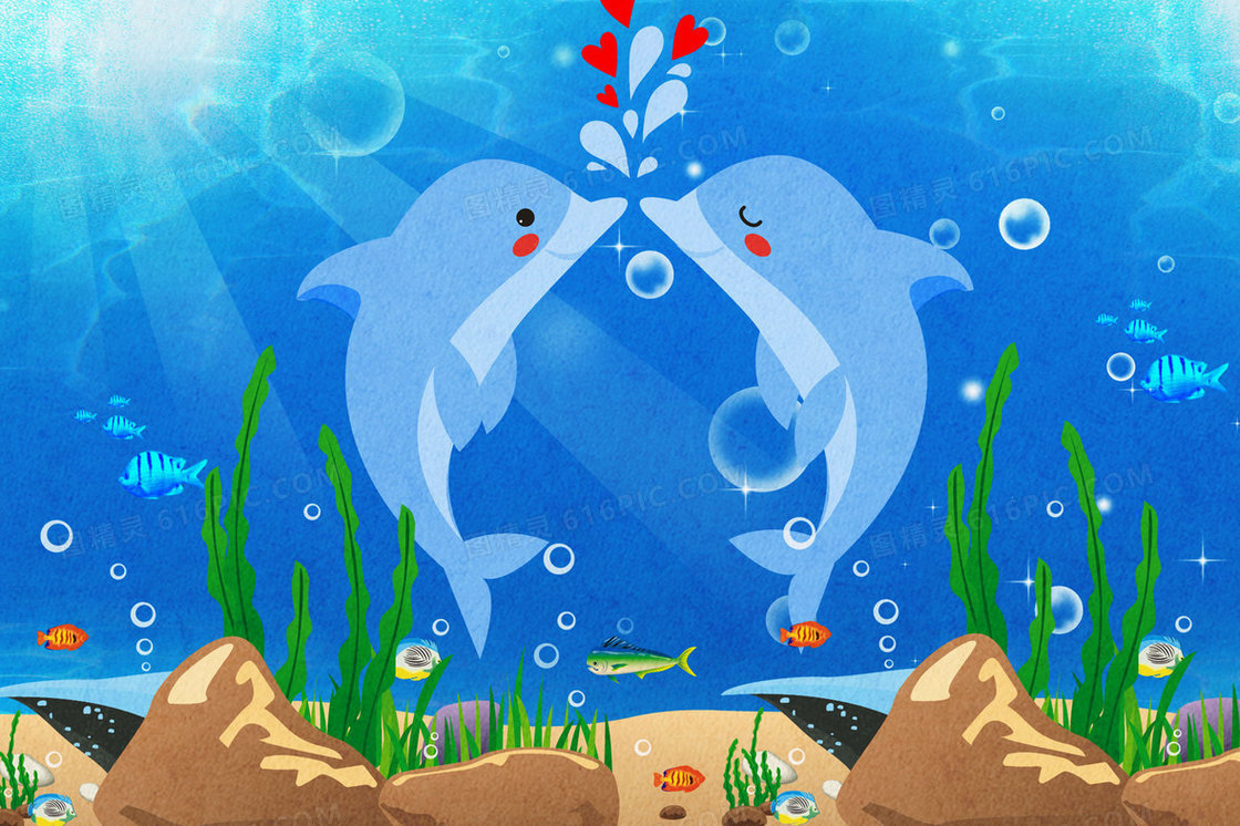海底世界海豚在水中嬉戏插画