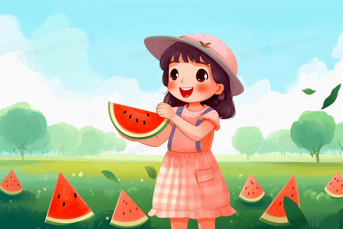 可爱的小女孩站在草地上开心的捧着西瓜