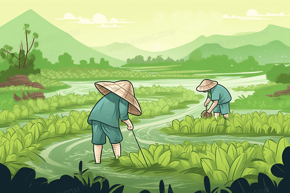 春天谷雨农民在户外稻田插秧劳作