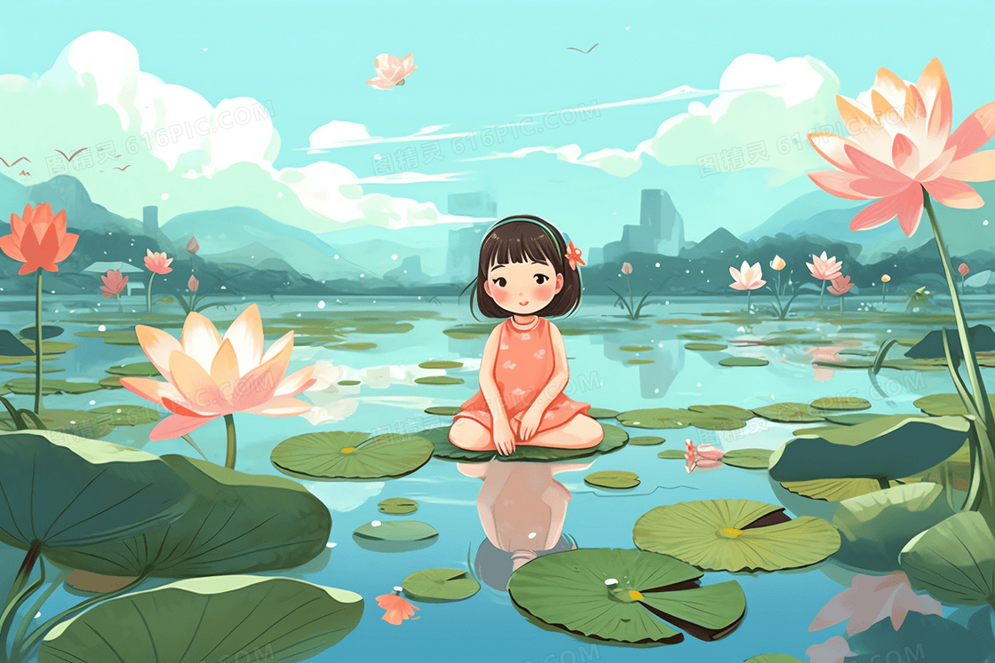 炎热夏天女孩坐在开满荷花的池塘中的莲叶上 