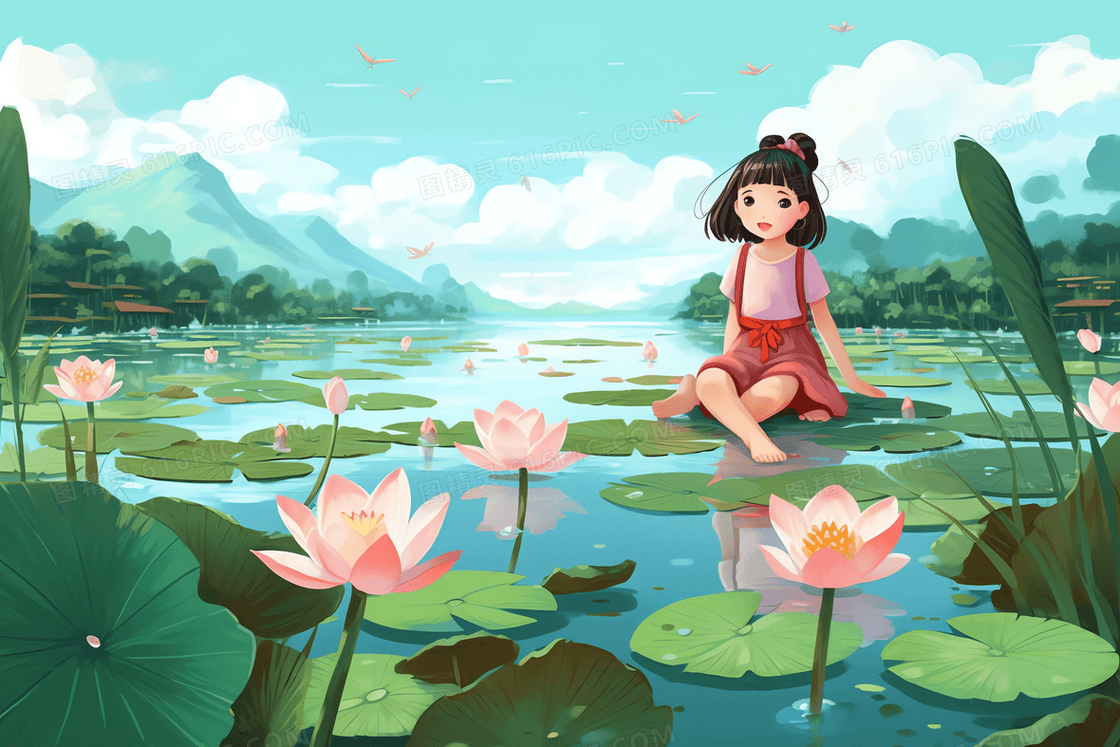 炎热夏天小女孩坐在开满荷花的池塘中的莲叶上