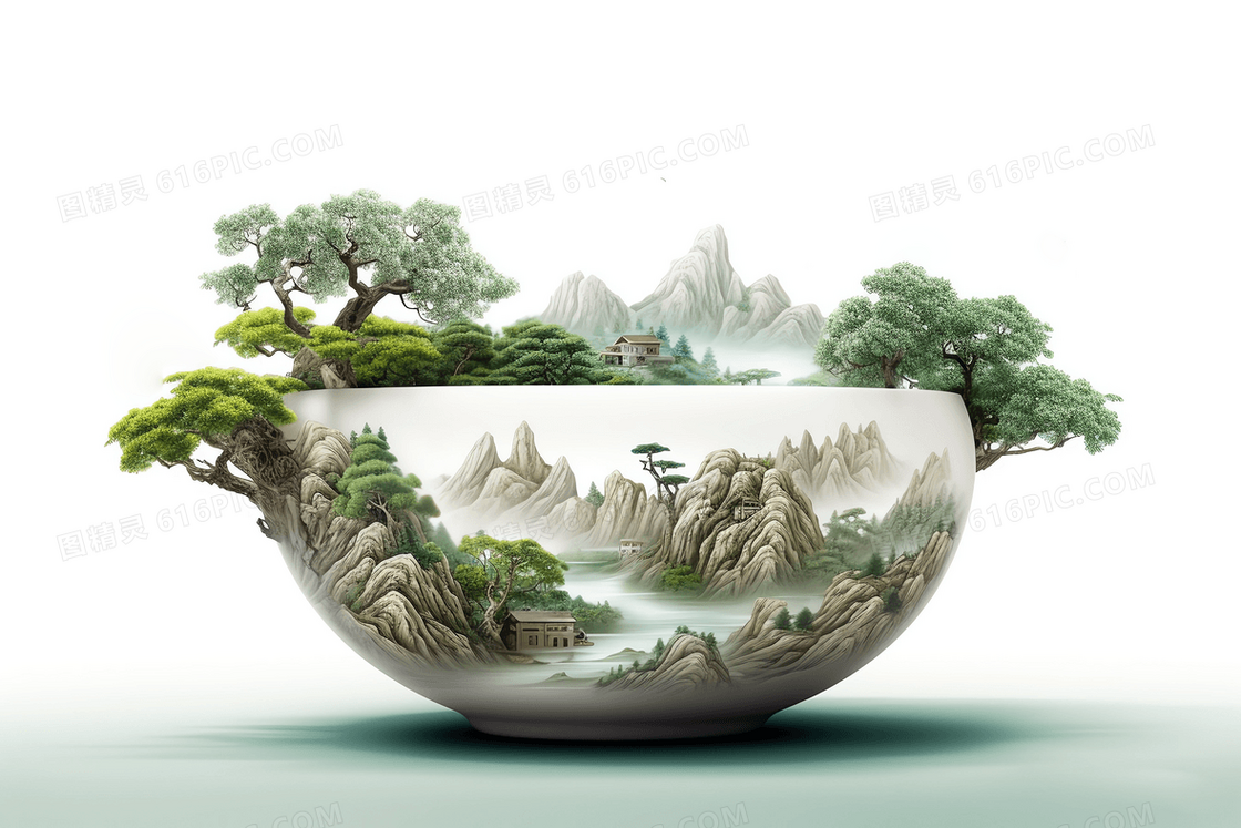 白色陶瓷碗中的微景观中国山水景观插画