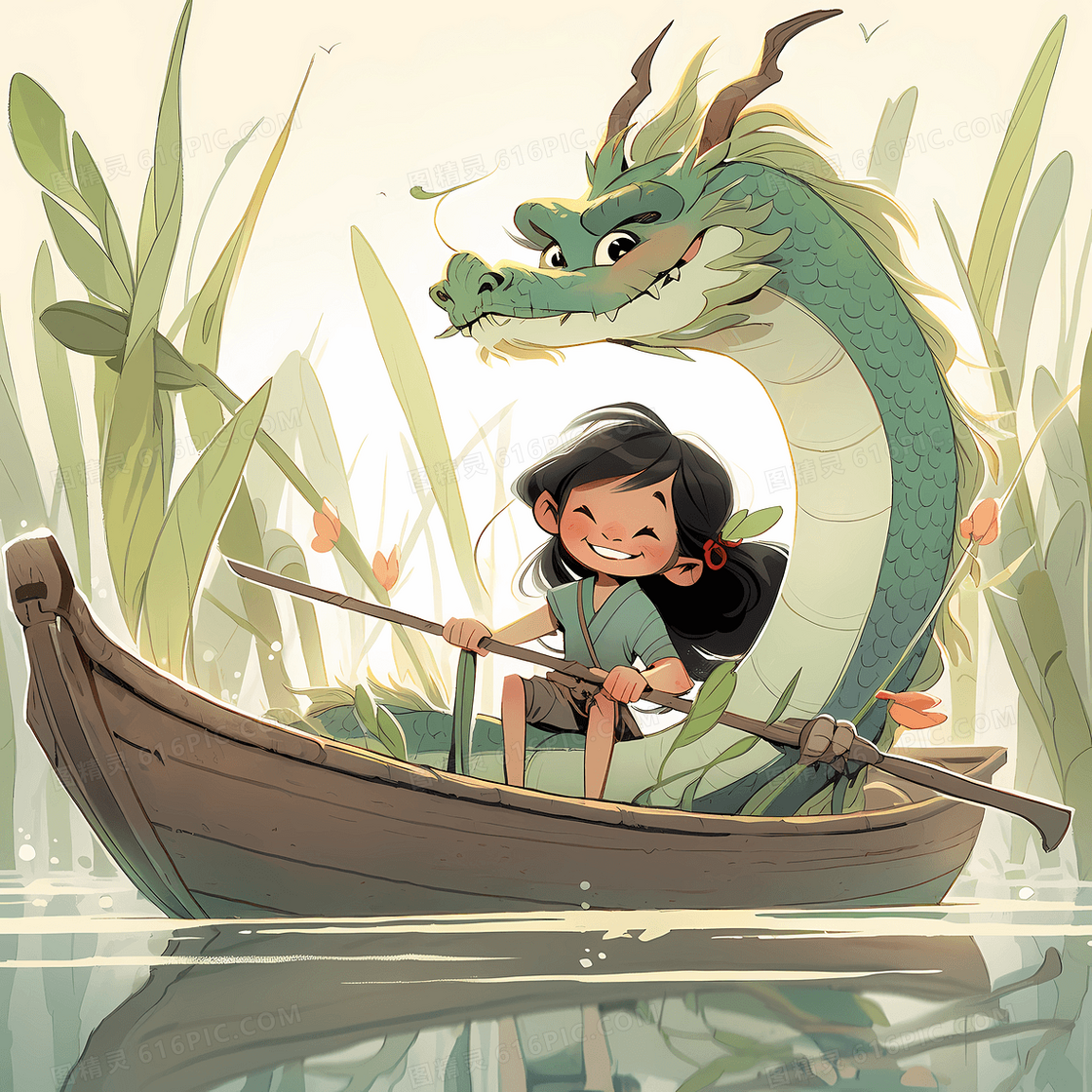 可爱的小女孩和一条巨龙开心的划船游湖端午节插画