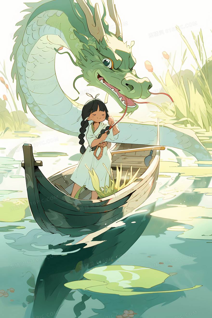 可爱的小女孩和一条巨龙开心的游湖插画