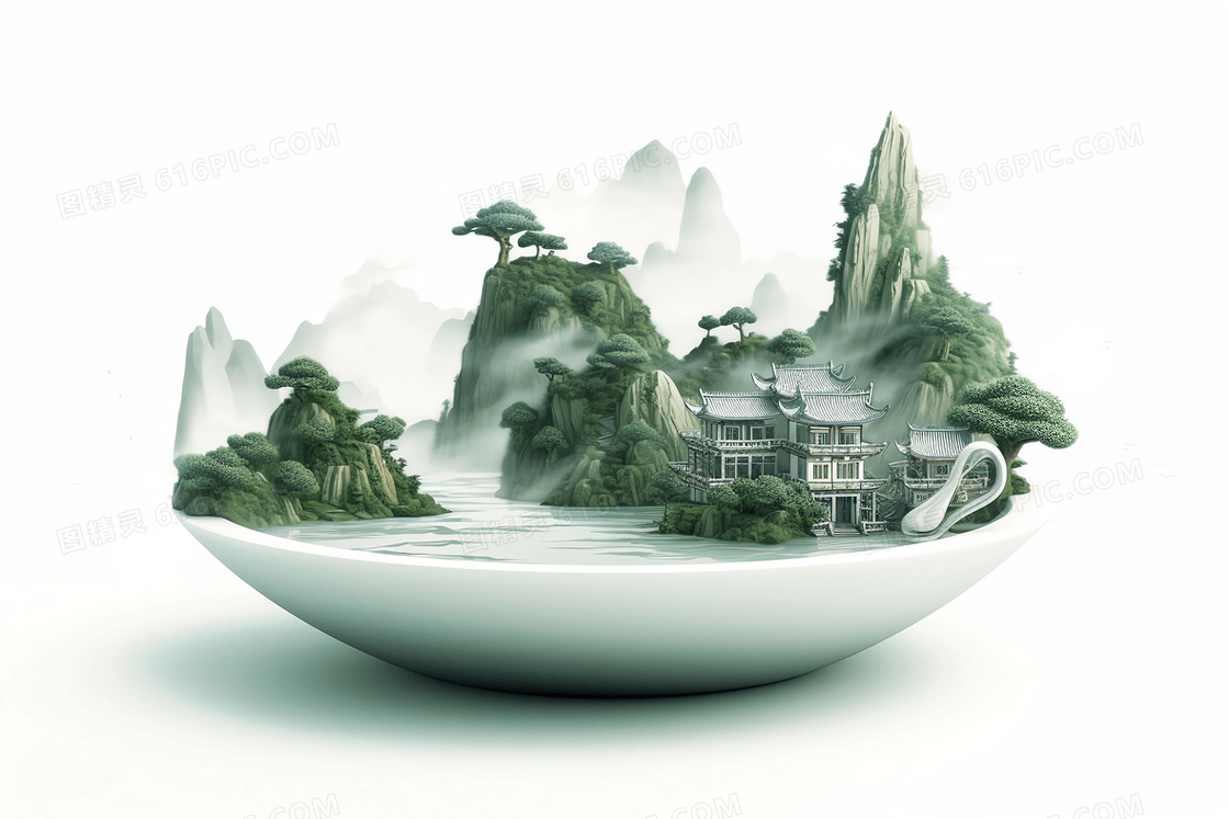 白色陶瓷碗中的微景观风景中国山水景观插画