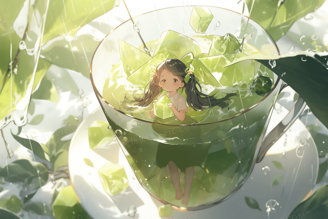 可爱女孩在透明的玻璃茶杯中虚拟插画