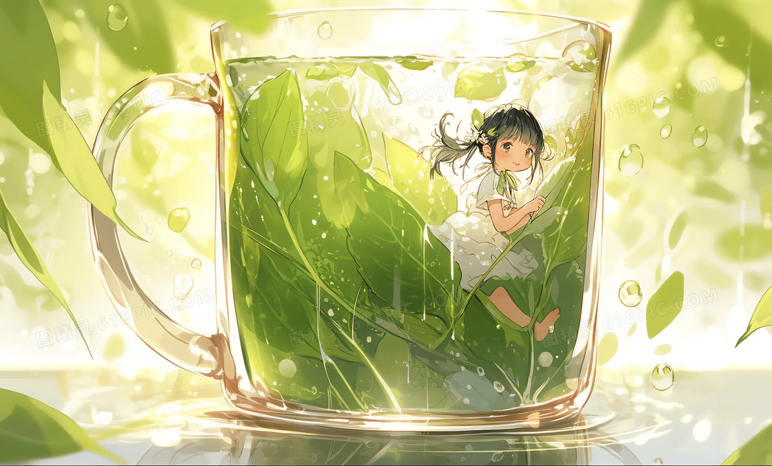 可爱女孩在透明的玻璃杯中虚拟插图