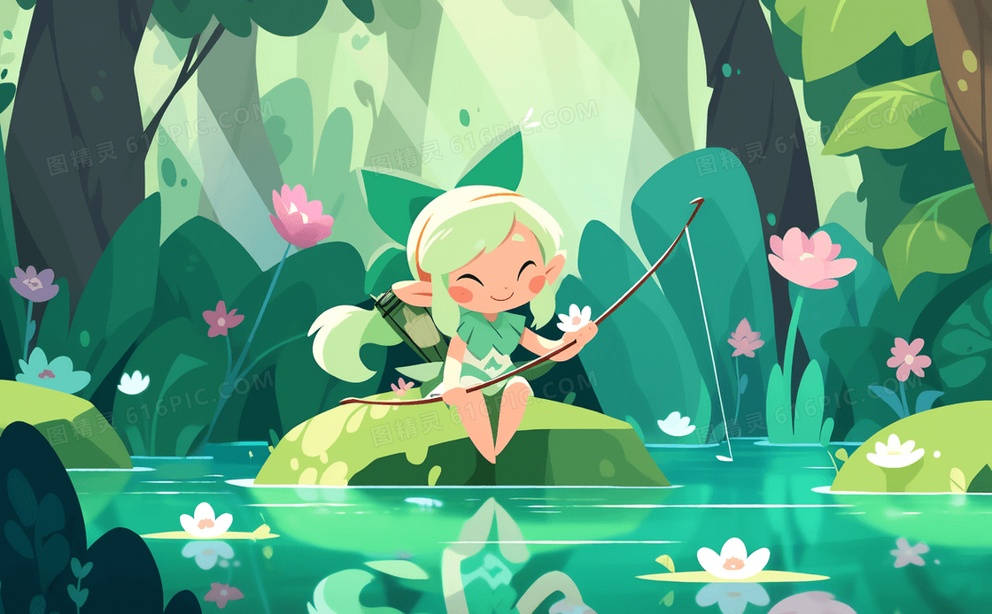 小女孩坐在森林池塘中央的石头上钓鱼