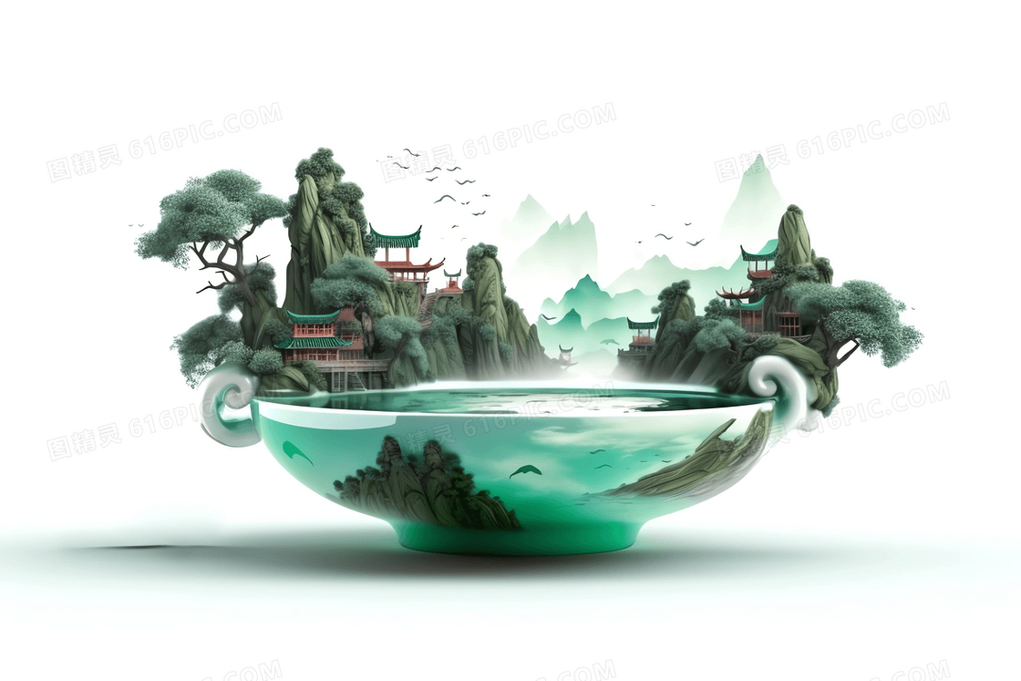 天青色陶瓷碗中的微景观中国山水景观插画