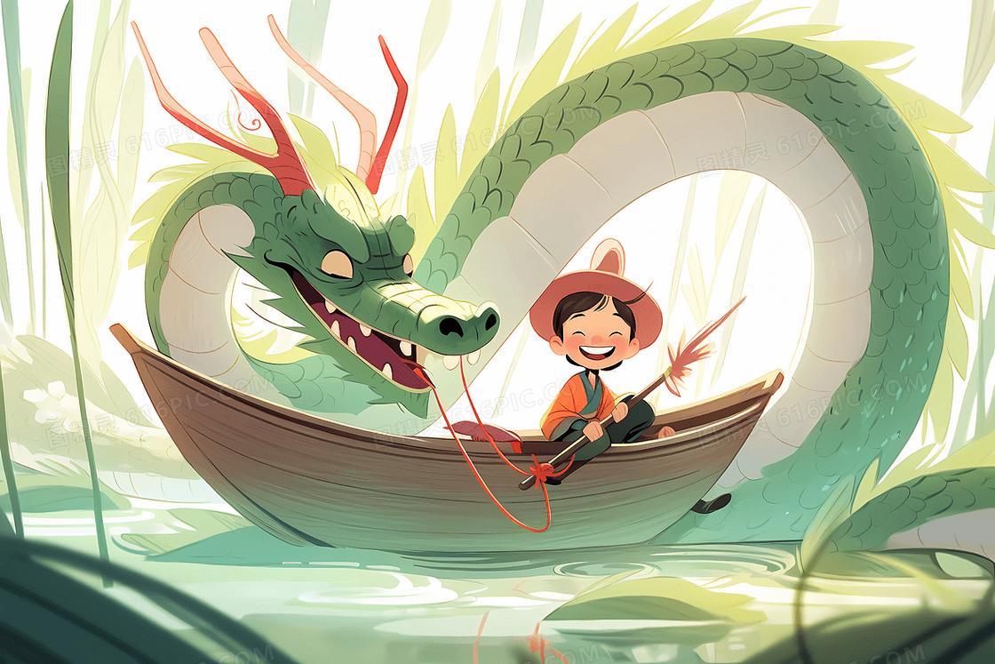 可爱男孩和一条巨龙开心的划船游湖