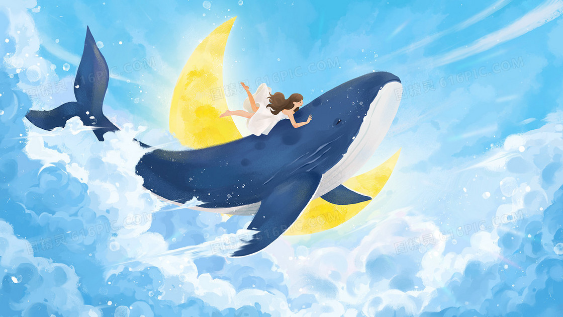 唯美治愈浅蓝色天空女孩与鲸鱼插画