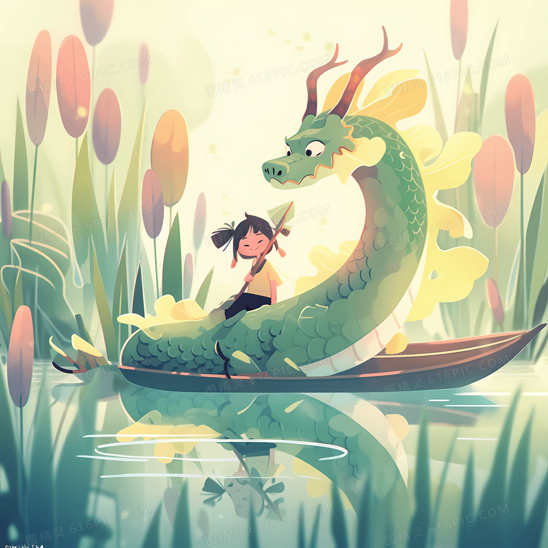 超可爱的小女孩和一条巨龙开心的划船游湖