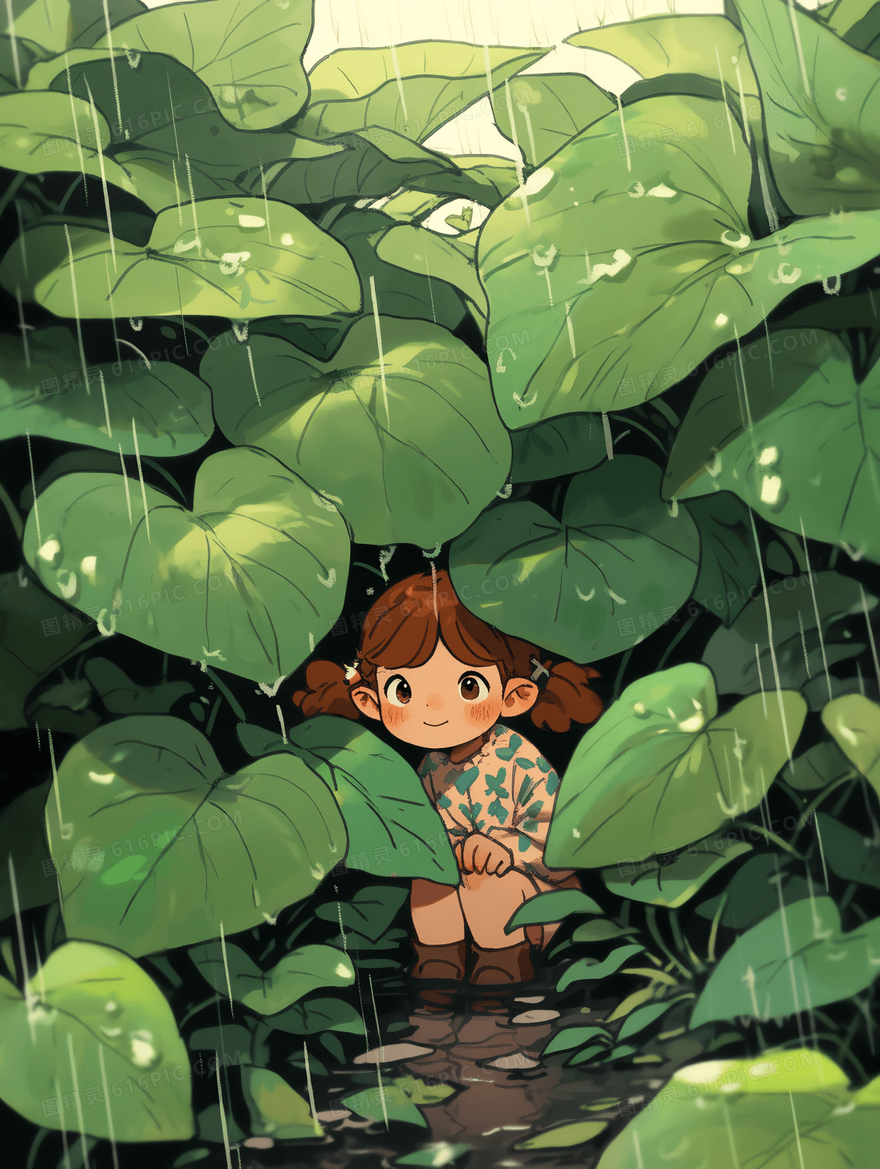 下雨天女孩在茂盛的植物叶子下躲雨插图