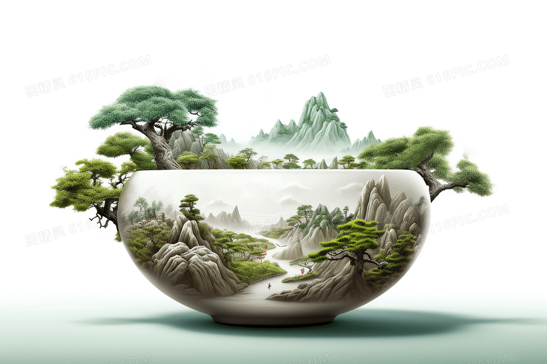 白色陶瓷碗中的微景观大气中国山水景观插画