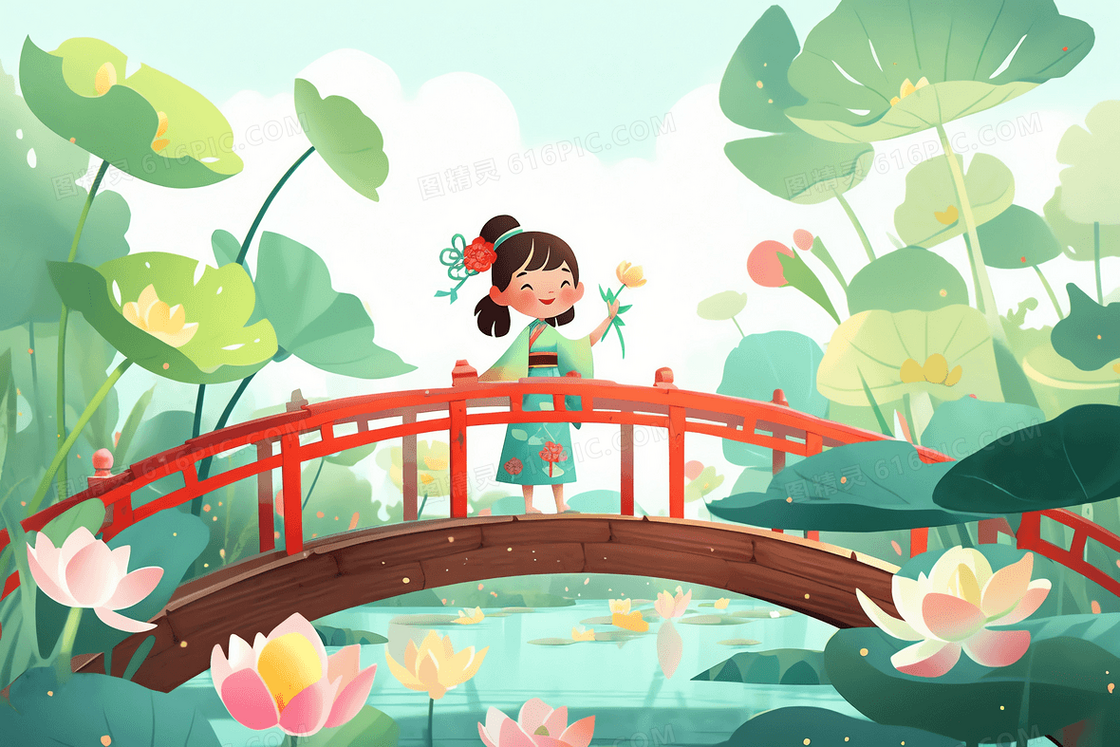 穿着日式连衣裙的女孩在木桥上欣赏荷花池