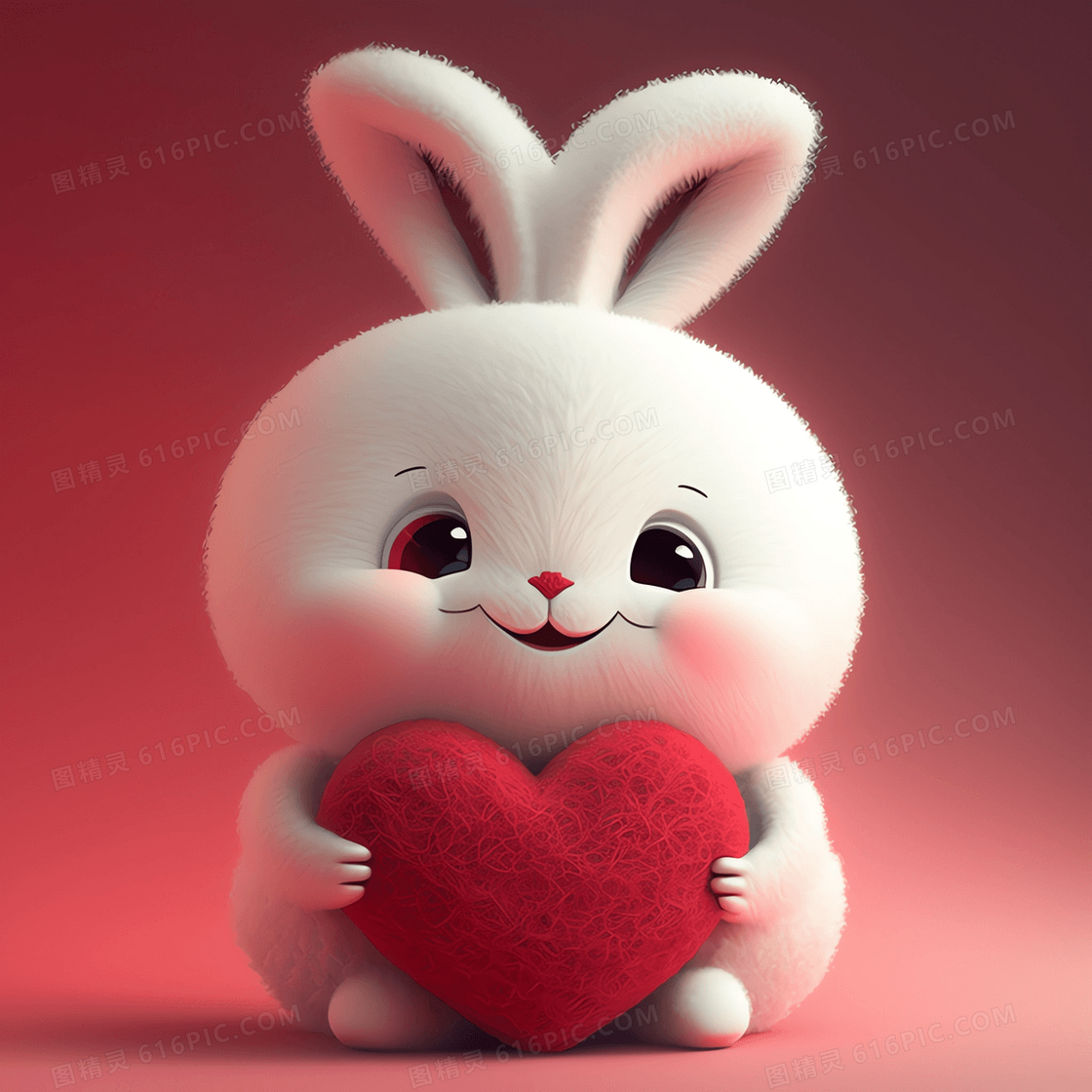 捧着毛毡红色爱心的可爱兔子