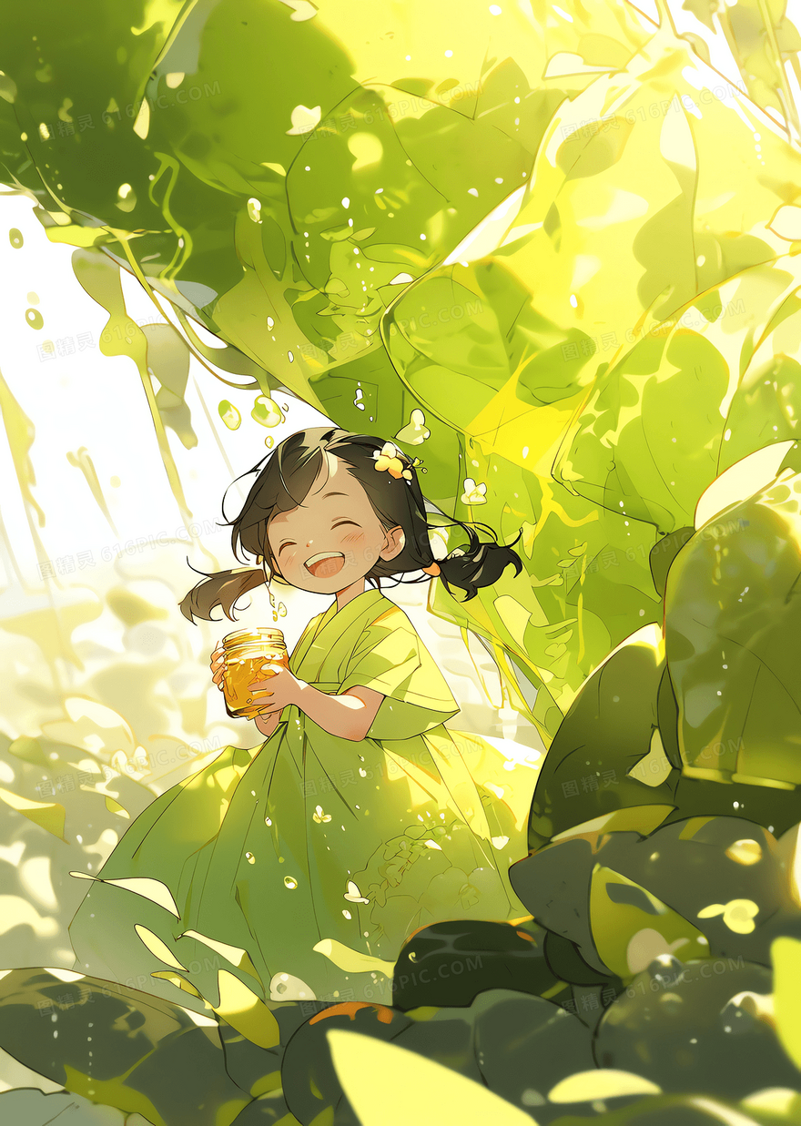 可爱的女孩抱着蜂蜜罐快乐的走在树林中创意插画
