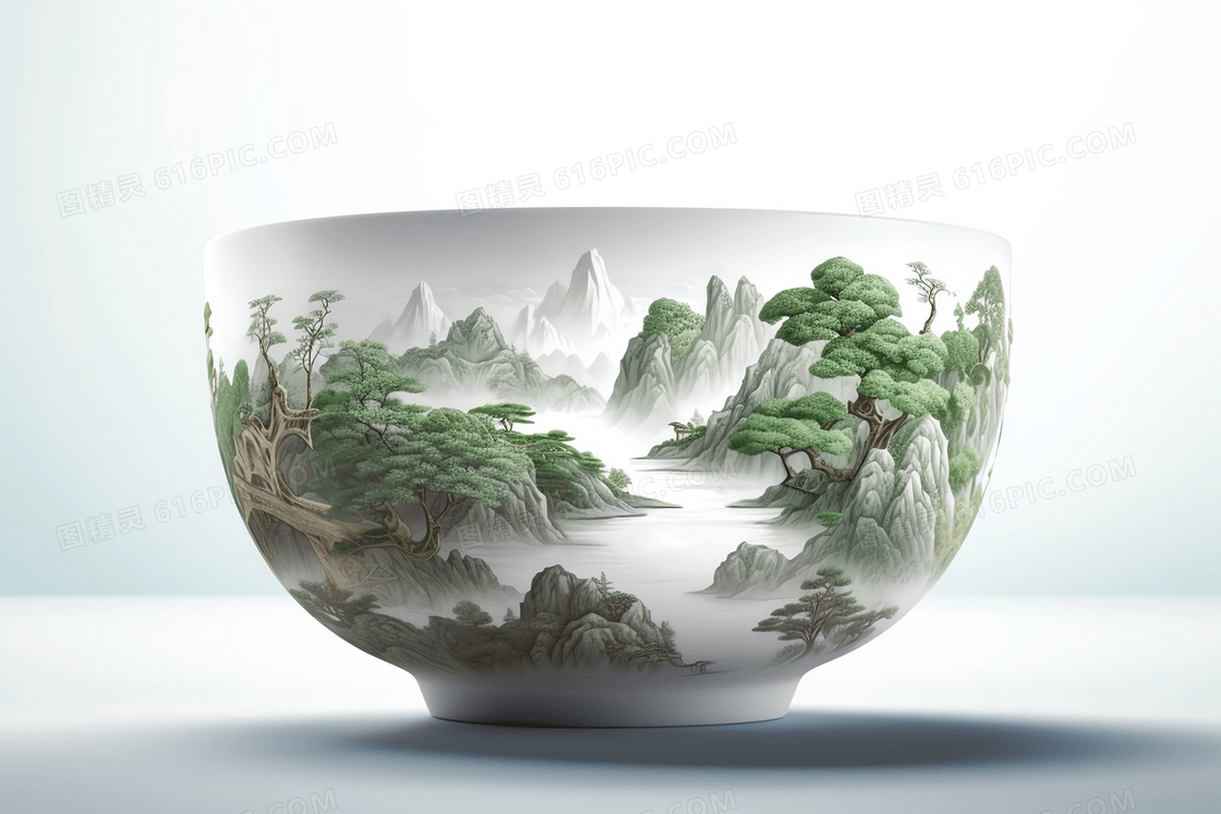 陶瓷碗中的微景观风景中国山水景观创意插画