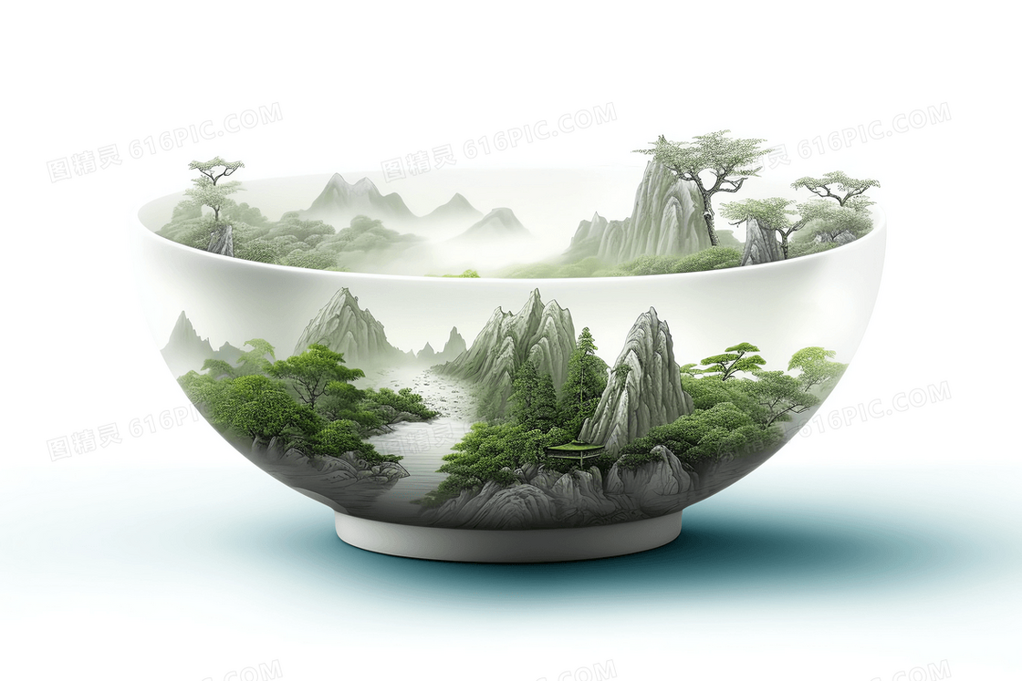 白色陶瓷碗中的微景观风景中国山水插画