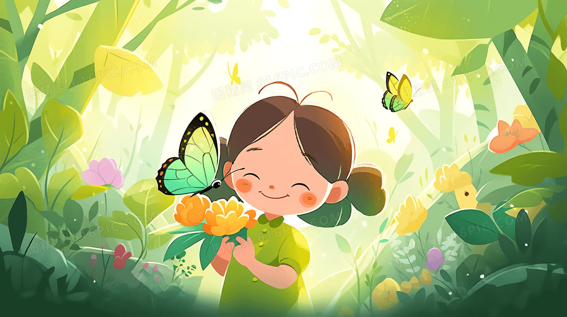 看到鲜花上的蝴蝶女孩露出开心的微笑