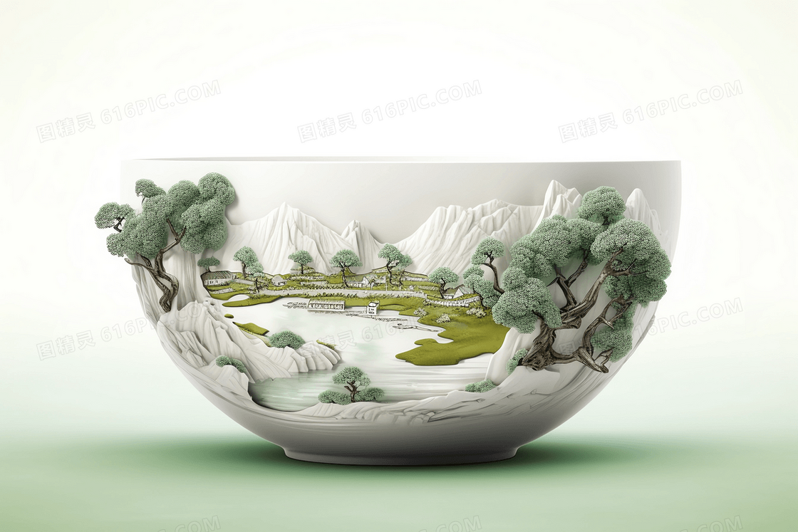 白色陶瓷碗中的微景观风景中国山水景观创意插画
