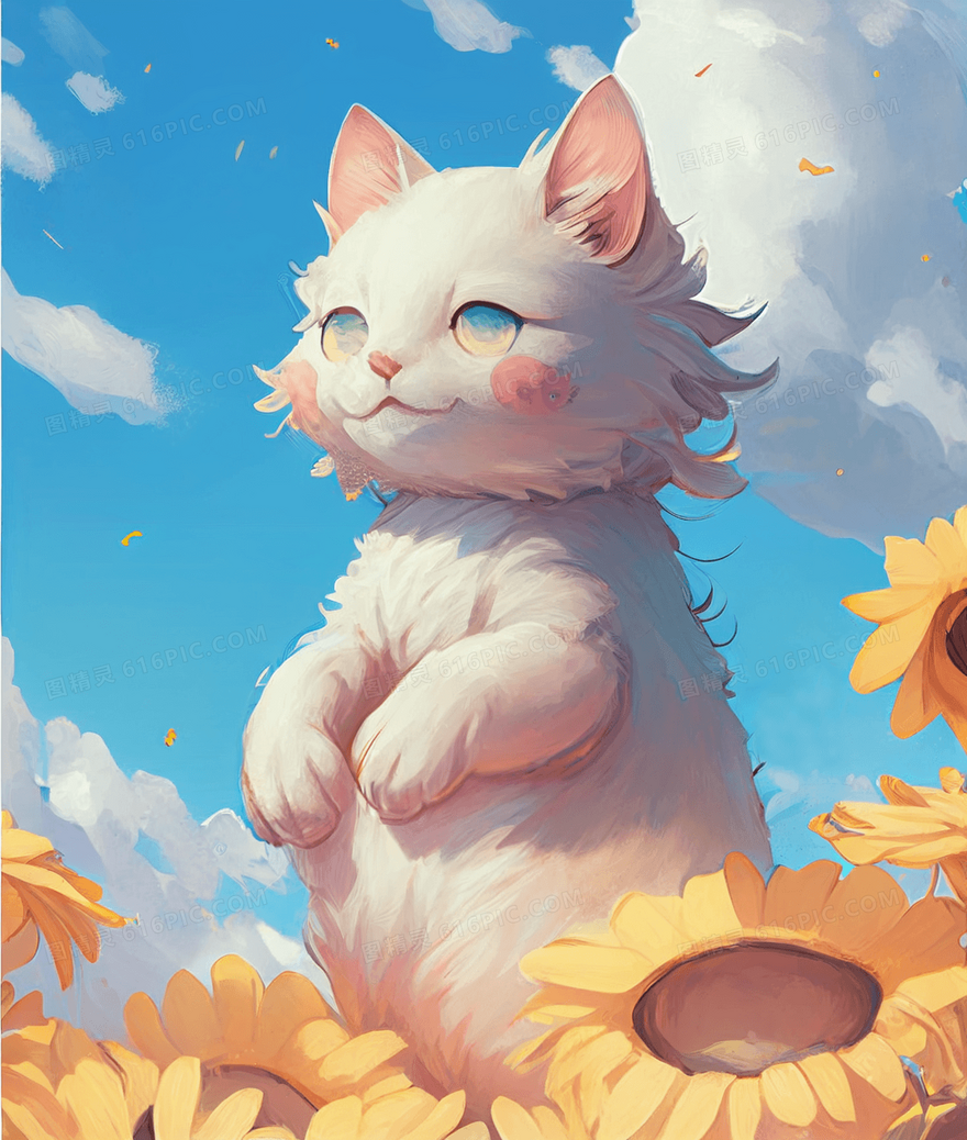 唯美清新可爱猫咪与向日葵插画