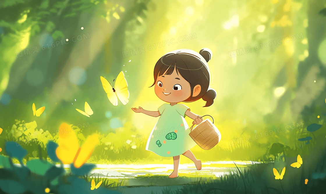 女孩拎着篮子走在森林里好奇的伸出手和蝴蝶互动