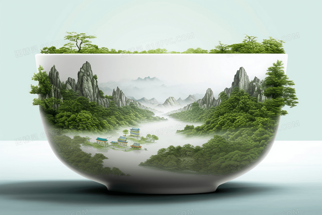 白色陶瓷中的微景观风景中国山水景观创意插画
