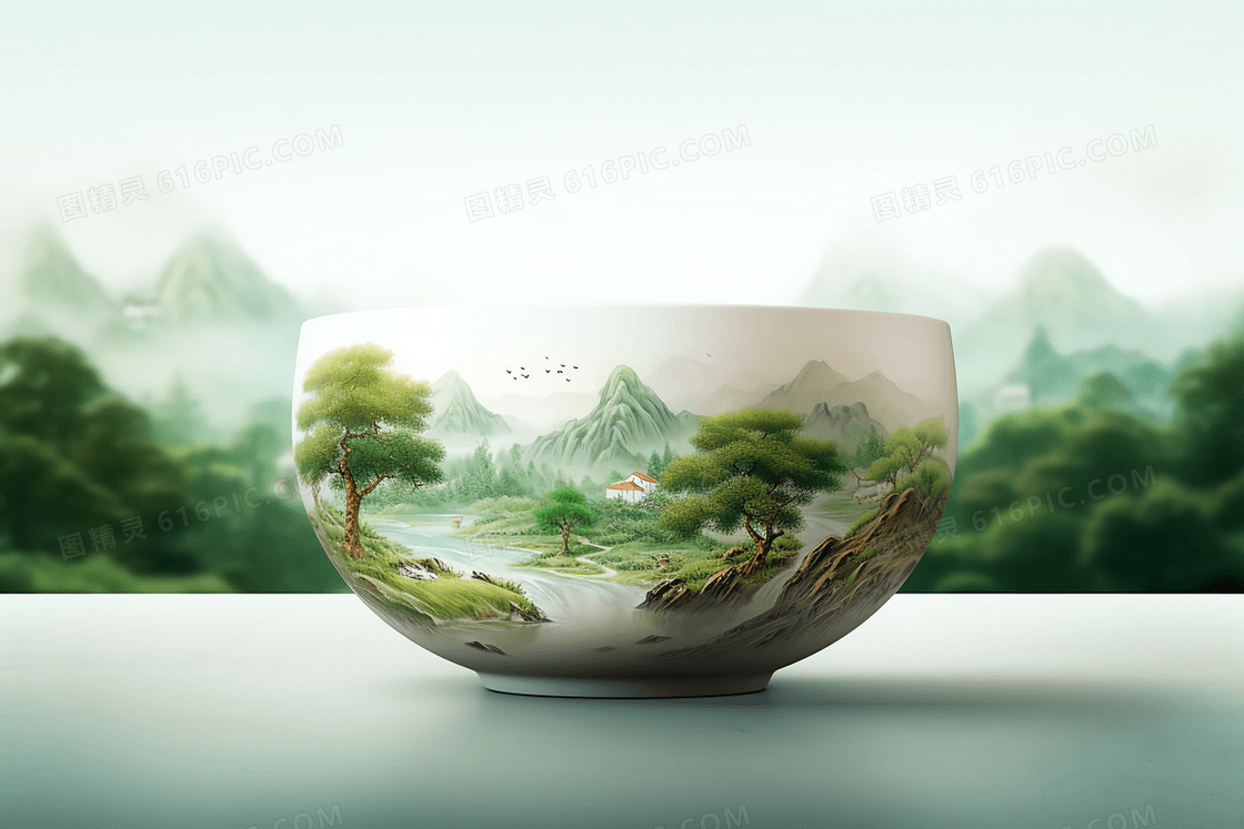 白色陶瓷碗中的微景观中国山水景观创意插画