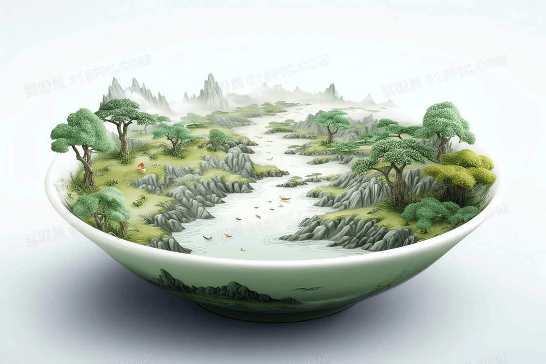 白色陶瓷碗微景观风景中国山水景观插画