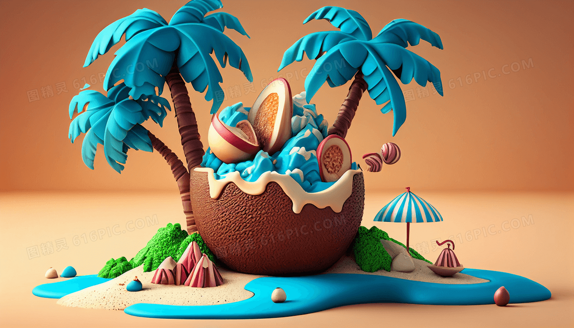 夏天沙滩椰树冰淇淋黏土风创意插画
