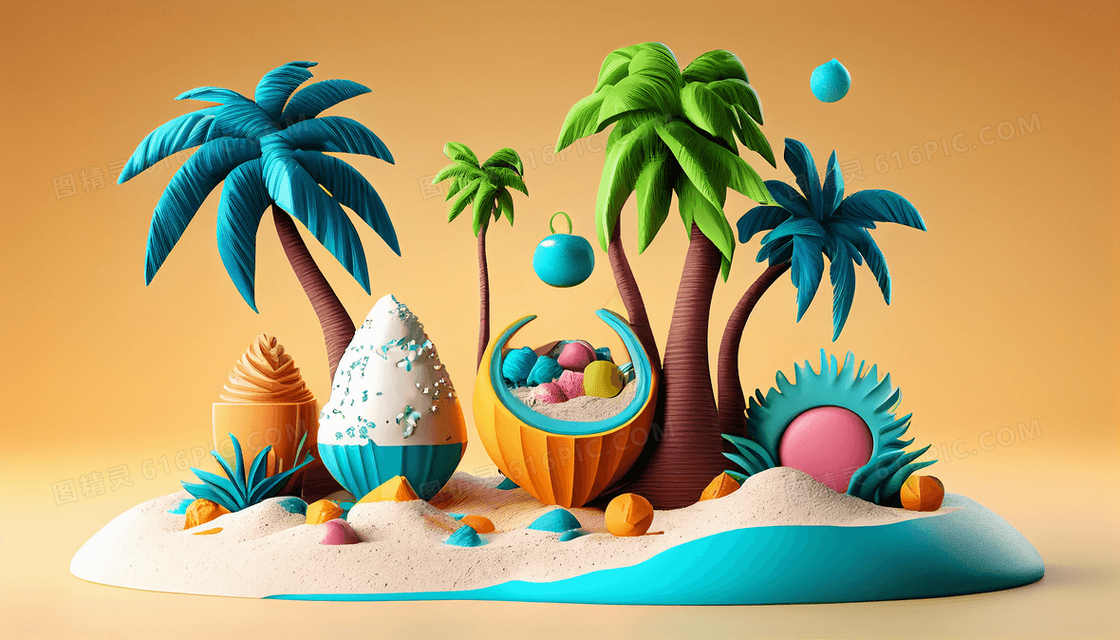 夏日沙滩椰树冰淇淋热带黏土风创意插画