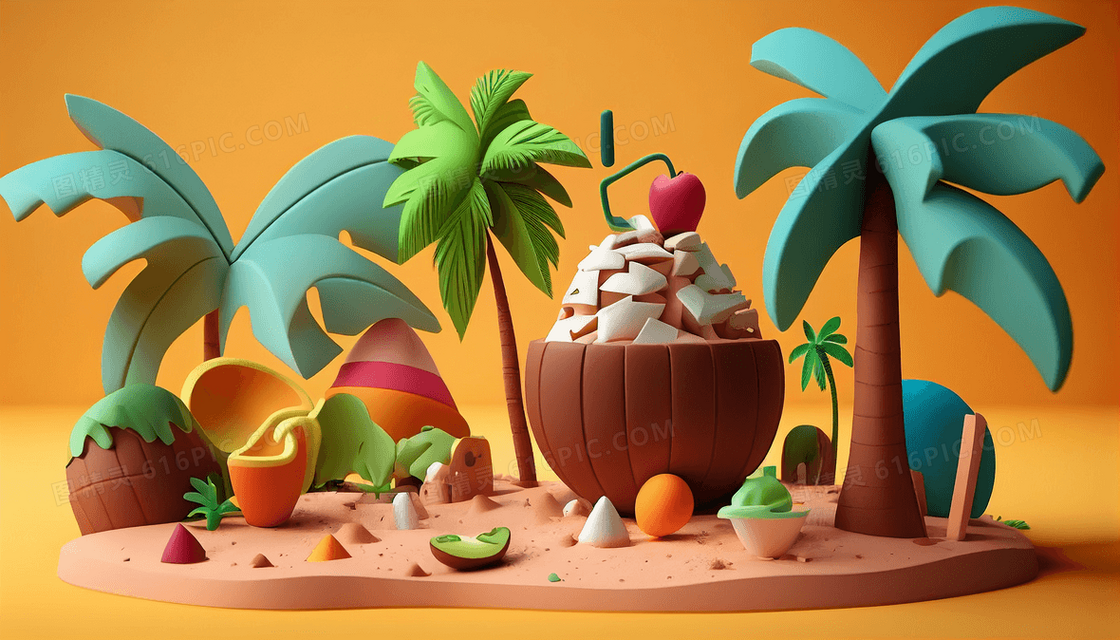 夏日沙滩椰树冰淇淋黏土风创意插画艺术
