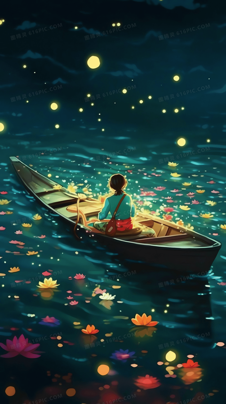 静谧夜晚背包女孩坐在飘在湖面上载满鲜花的小船