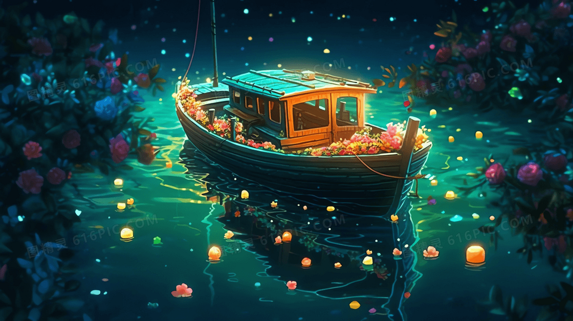 夜晚安静湖面上载满鲜花的小船