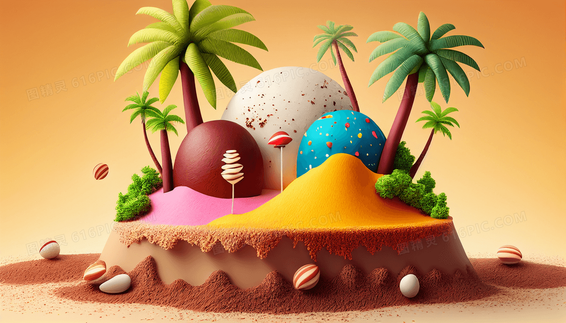 夏日沙滩椰树冰淇淋黏土风创意艺术插画