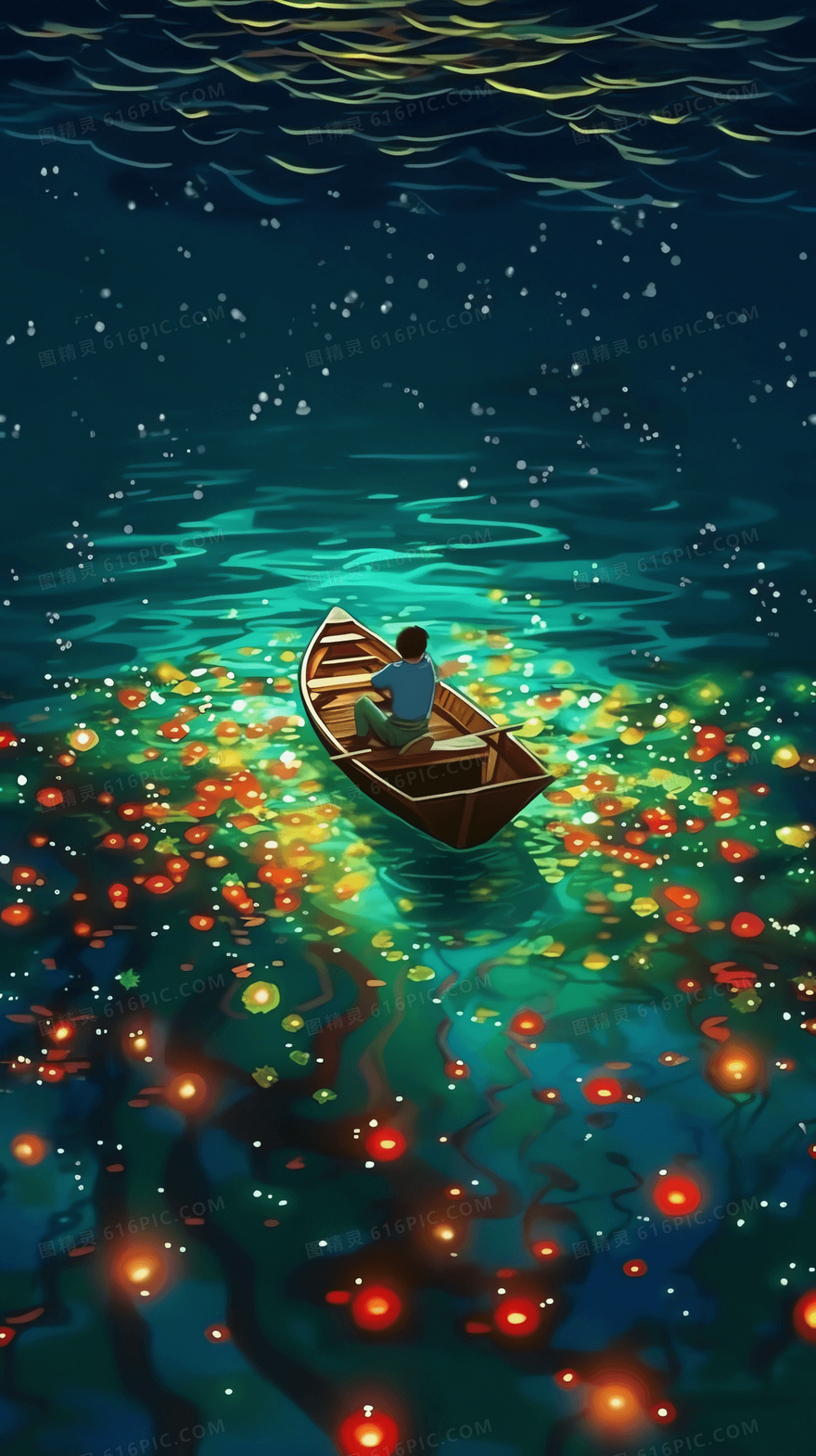 静谧夜晚男生坐在湖面上载满鲜花的小船
