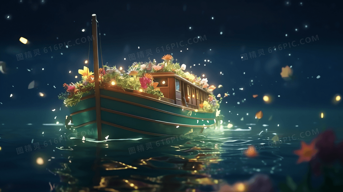 静谧安静夜晚湖面上载满鲜花的小船