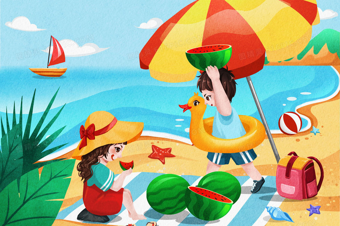 夏天沙滩游玩吃西瓜插画