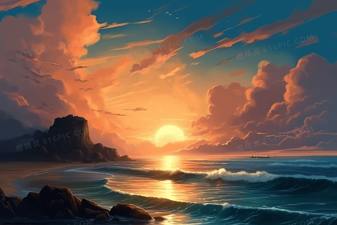 夕阳海边手绘插画
