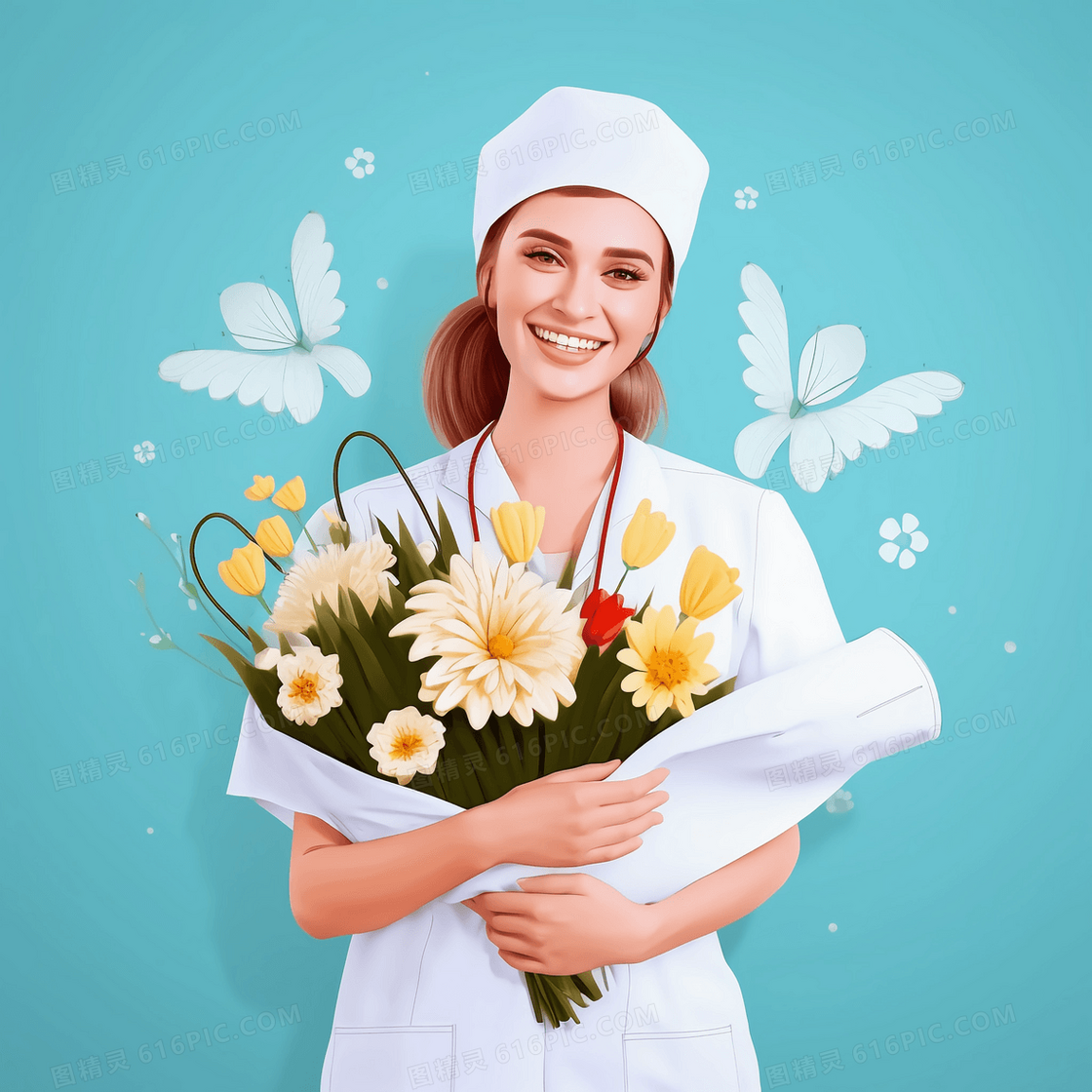 国外身穿白色护士服的护士手捧鲜花开心的笑