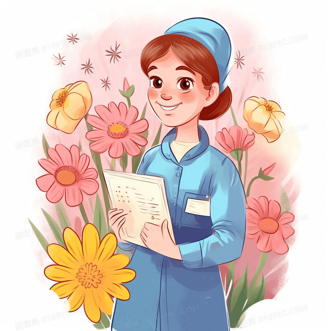 穿蓝色护士服的护士拿着病历本微笑